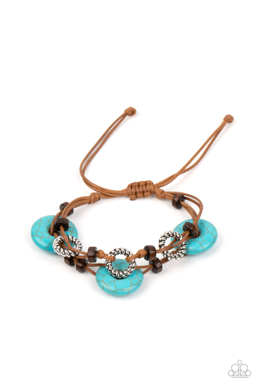 Quarry Quandary - Blue Turquoise Wood Bracelet - Paparazzi Accessories - An earthy assortment of wooden beads, textured silver rings, and turquoise stone discs are knotted in place along two brown suede cords, for adventurous layers around the wrist.