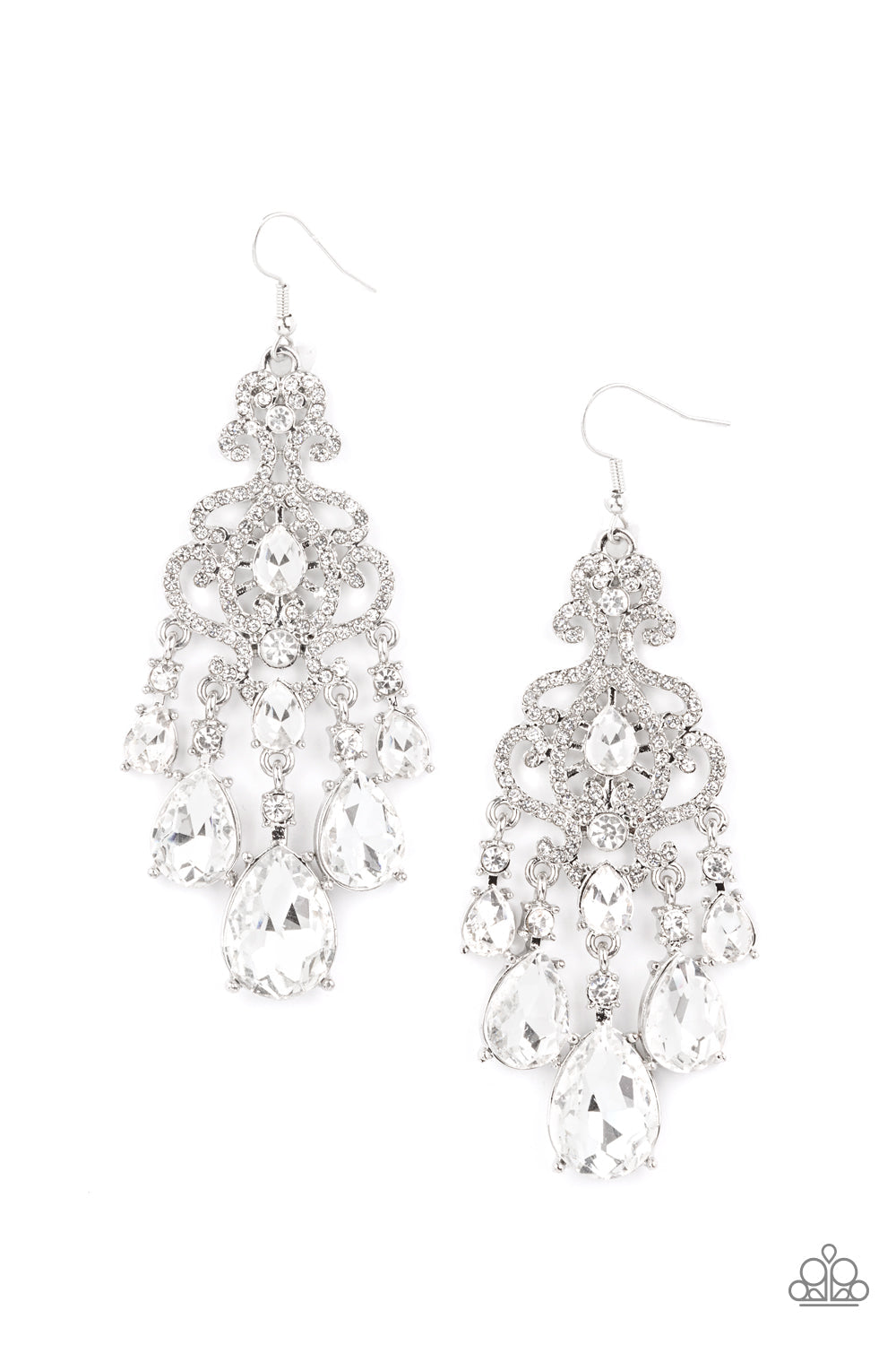Queen Of All Things Sparkly - White and Silver Earrings - Paparazzi Jewelry - Bejeweled Accessories By Kristie - Gradually increasing in size, glassy white teardrop gems create a dramatic fringe at the bottom of a decorative silver frame swirling with dainty white rhinestones for a timelessly over-the-top sparkle.