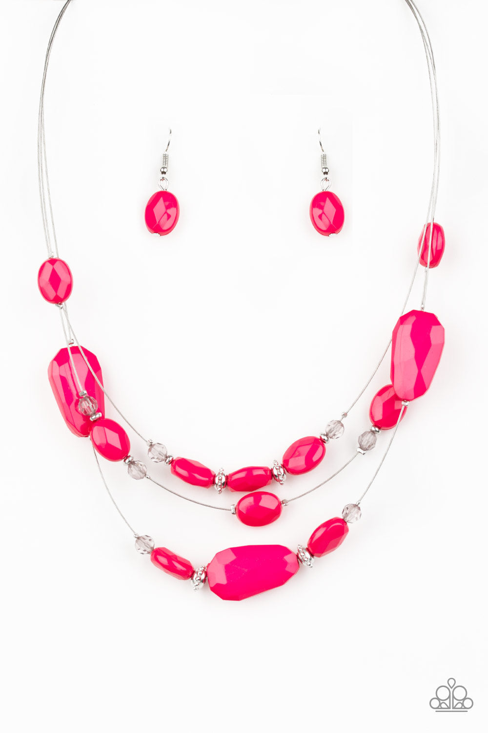 Radiant Reflections - Pink Necklace - Paparazzi Accessories - Infused with dainty metallic accents, a collection of faceted pink and sparkling crystal-like beads are threaded along invisible wires below the collar for a whimsically layered stylish fashion necklace.