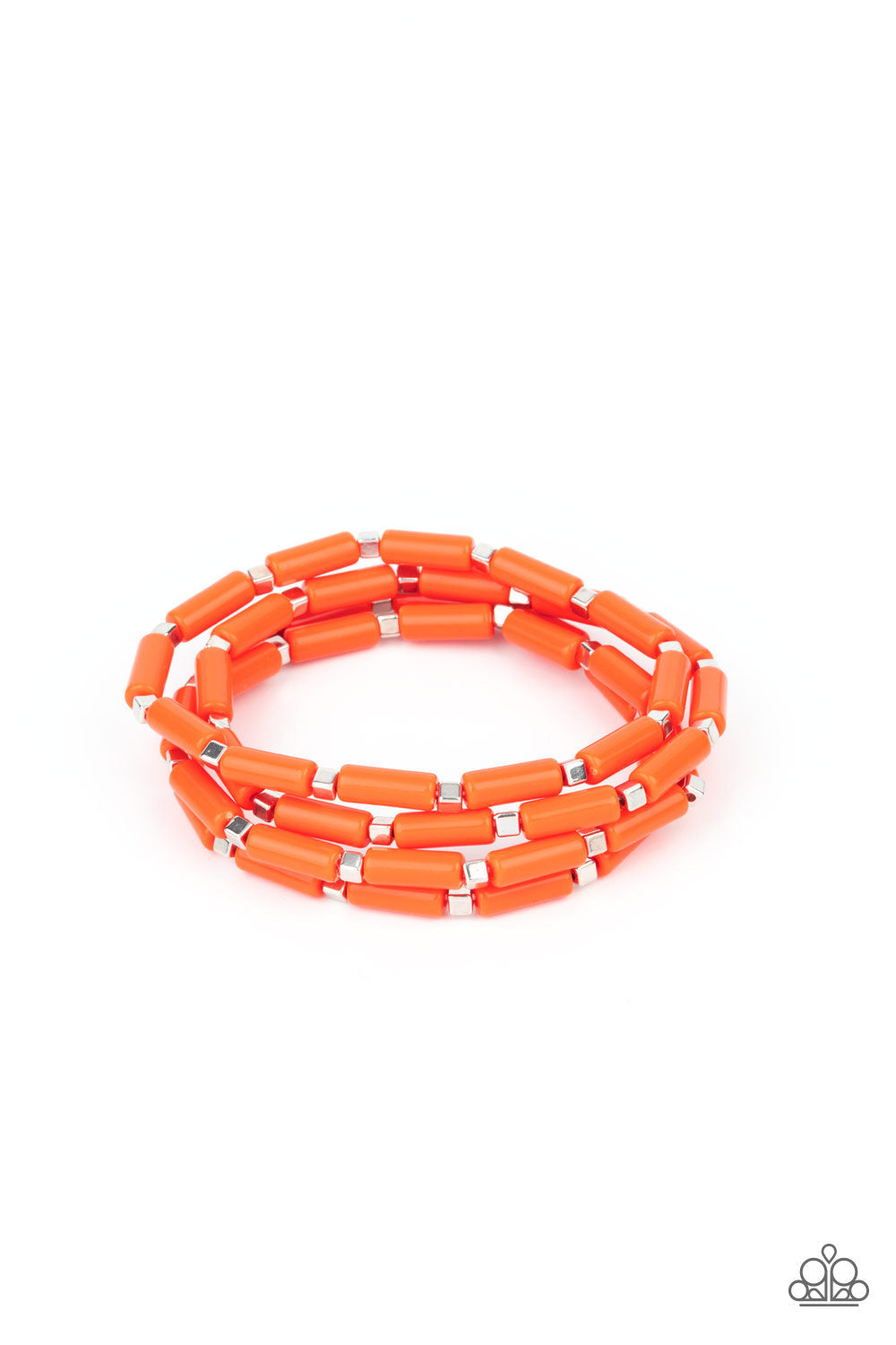 Radiantly Retro - Orange - Silver Stretchy Bracelets - Paparazzi Accessories - A playful collection of dainty silver cube beads and cylindrical orange beads along stretchy bands, creating colorful layers around the wrist. Sold as one set of four bracelets.