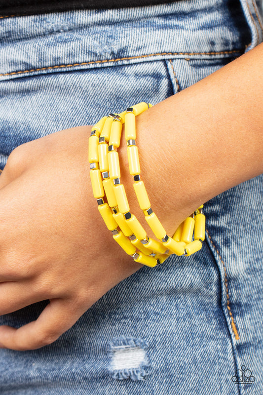 Radiantly Retro - Yellow - Silver Stretchy Bracelets - Paparazzi Accessories - A playful collection of dainty silver cube beads and cylindrical beads are along stretchy bands, creating colorful layers around the wrist. Sold as one set of four bracelets.