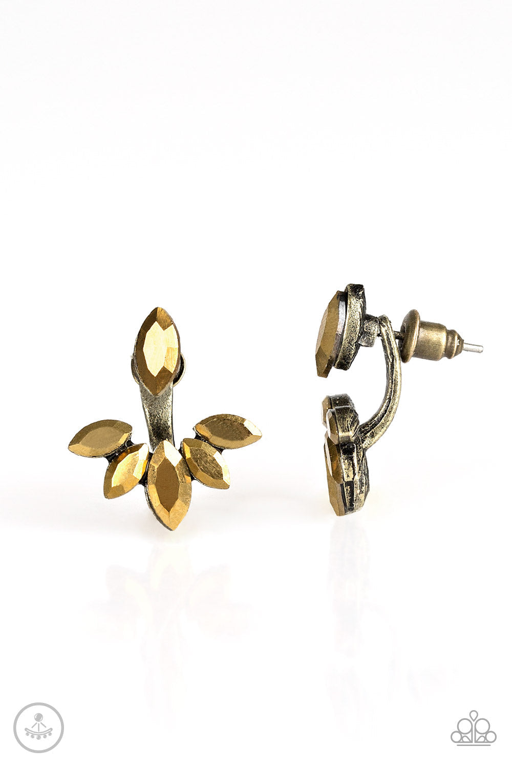 Radical Refinement - Brass Double Sided Post Earrings - Paparazzi Accessories - A solitaire aurum marquise cut rhinestone attaches to a double-sided post, designed to fasten behind the ear. Encrusted in matching aurum rhinestones, a double-sided post peeks out beneath the ear, creating a glittery fringe. Earring attaches to a standard post fitting.