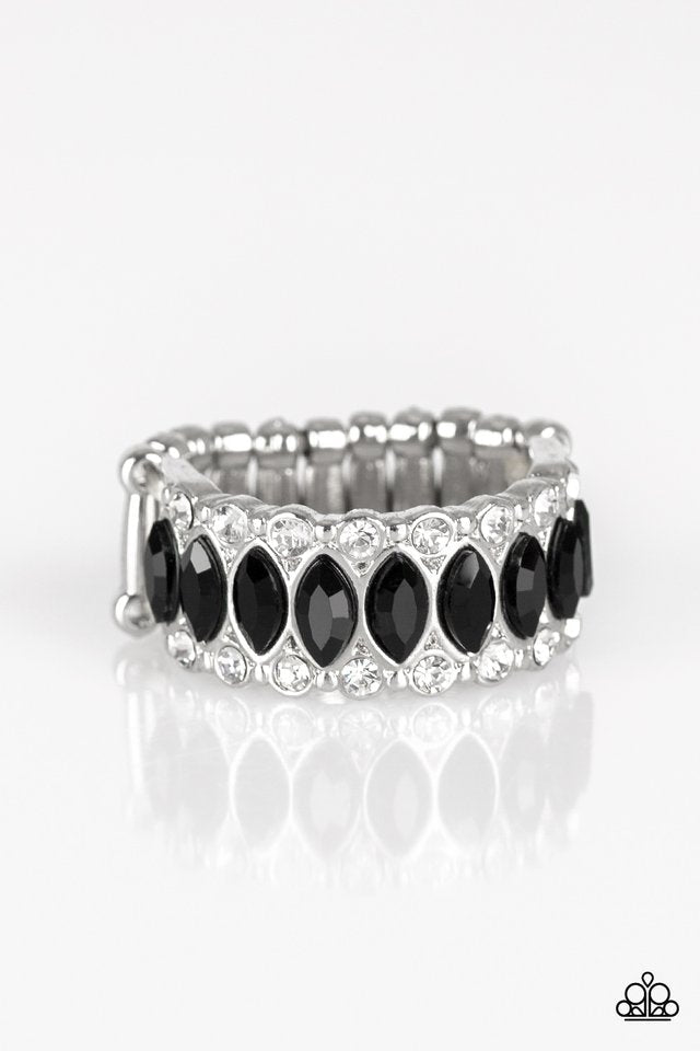 Radical Riches - Black and Silver Ring - Paparazzi Accessories - Regal marquise style cuts, glittery black rhinestones are encrusted down the center of a silver band radiating with glassy white rhinestones for an edgy look. Features a stretchy band for a flexible fit.