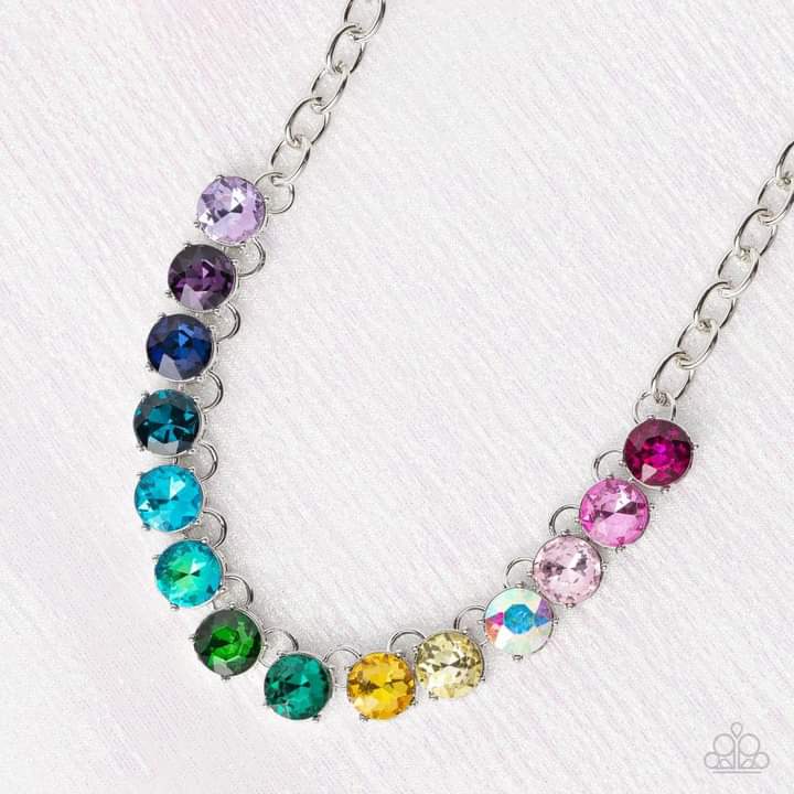 Rainbow Resplendence - Multi Color  Necklace - Paparazzi Jewelry  - Bejeweled Accessories By Kristie - A rainbow of oversized multicolored rhinestones sparkles below the collar for an out-of-this-world statement silver chain necklace.