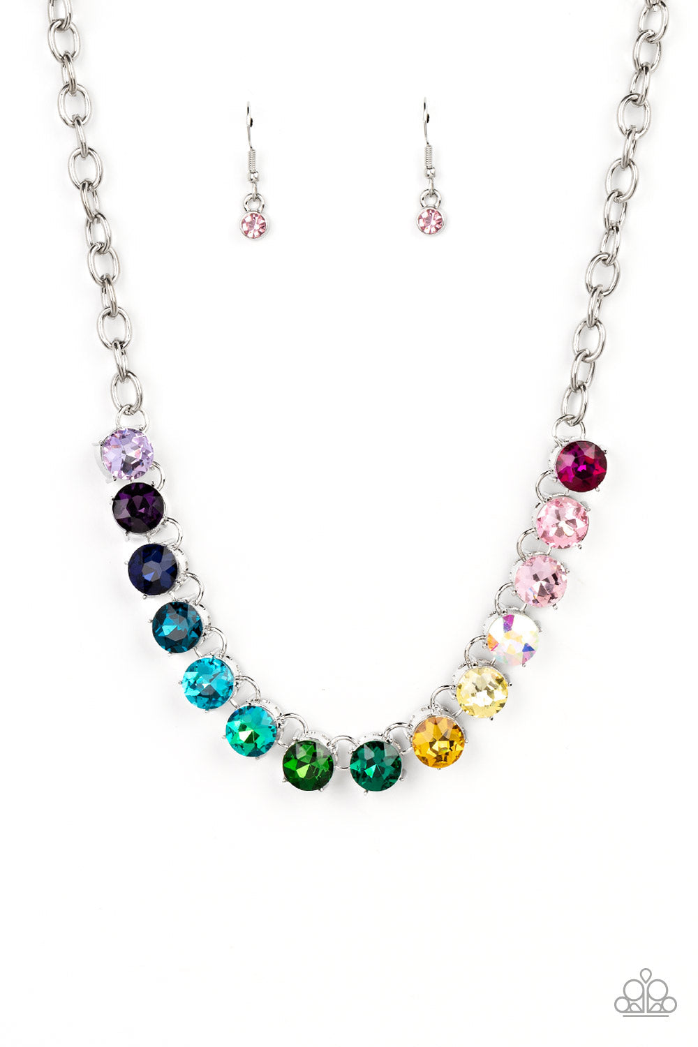 Rainbow Resplendence - Multi Color  Necklace - Paparazzi Accessories - A rainbow of oversized multicolored rhinestones sparkles below the collar for an out-of-this-world statement silver chain necklace.