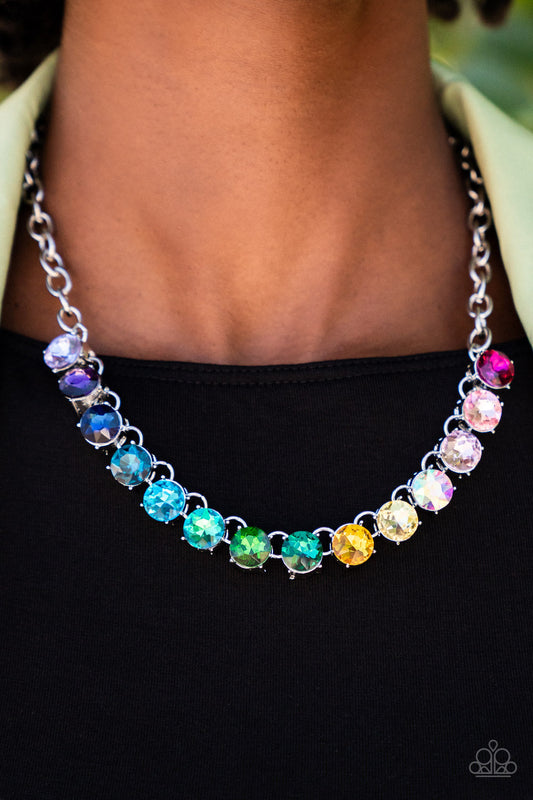 Rainbow Resplendence - Multi Color  Necklace - Paparazzi Accessories - A rainbow of oversized multicolored rhinestones sparkles below the collar for an out-of-this-world statement silver chain necklace. Trendy fashion jewelry for everyone.