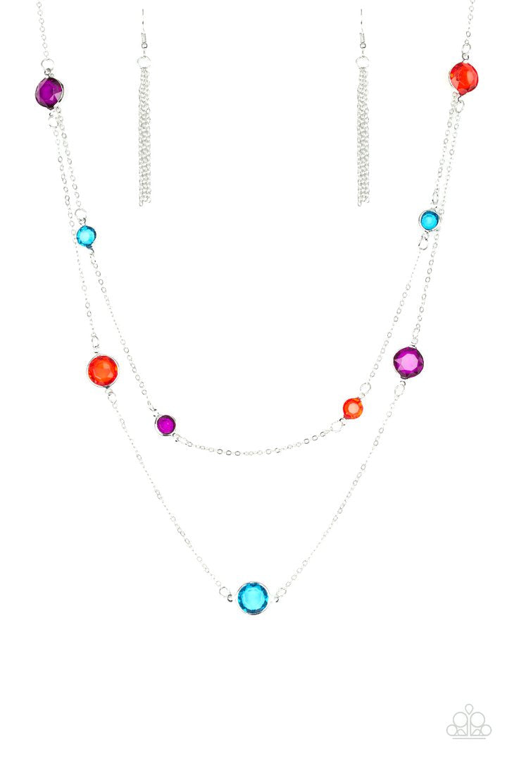Raise Your Glass - Multi - Purple - Red - Blue Necklace - Paparazzi Accessories - Varying in size, glassy multicolored gems trickle along dainty silver chains, creating sparkling layers across the chest.