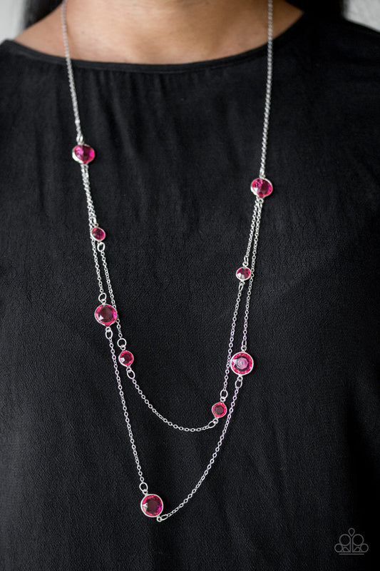 Raise Your Glass - Pink and Silver Necklace - Paparazzi Accessories - Varying in size, glassy pink gems trickle along dainty silver chains, creating sparkling layers across the chest.