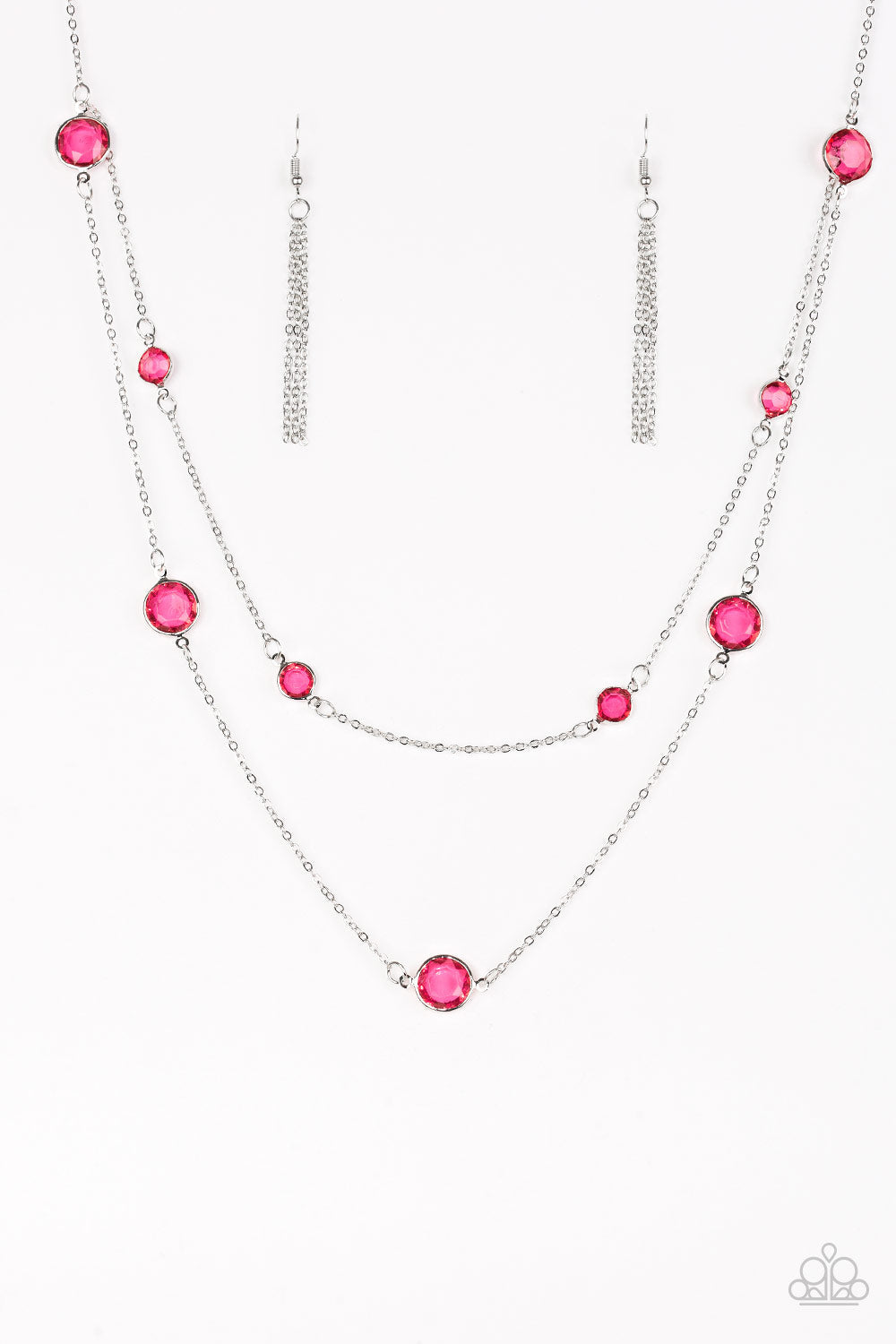 Raise Your Glass - Pink and Silver Necklace - Paparazzi Accessories - Varying in size, glassy pink gems trickle along dainty silver chains, creating sparkling layers across the chest.