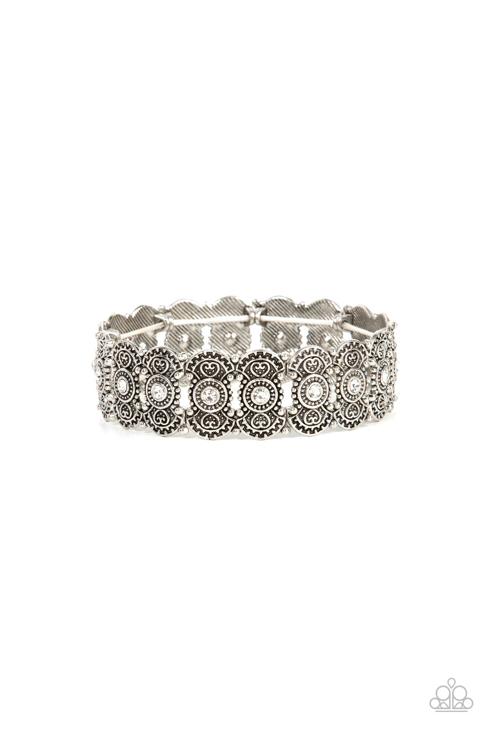 Rapturous Romance - White and Silver Bracelet  - Paparazzi Accessories - Dotted with sparkly white rhinestones, pairs of studded and heart embossed patterned silver frames are threaded along stretchy bands around the wrist for a romantic fashion. You can shop the silver collection to find matching accessories.