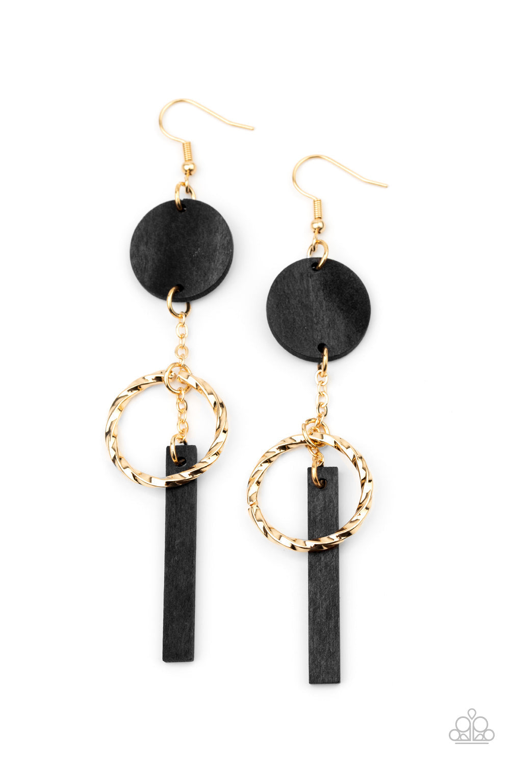 Raw Refinement - Black and Gold - Wood Earrings - Paparazzi Jewelry - Bejeweled Accessories By Kristie - A twisted gold hoop is suspended between round and rectangular black wooden frames, creating a refined lure. Earring attaches to a standard fishhook fitting. Trendy fashion jewelry for everyone.