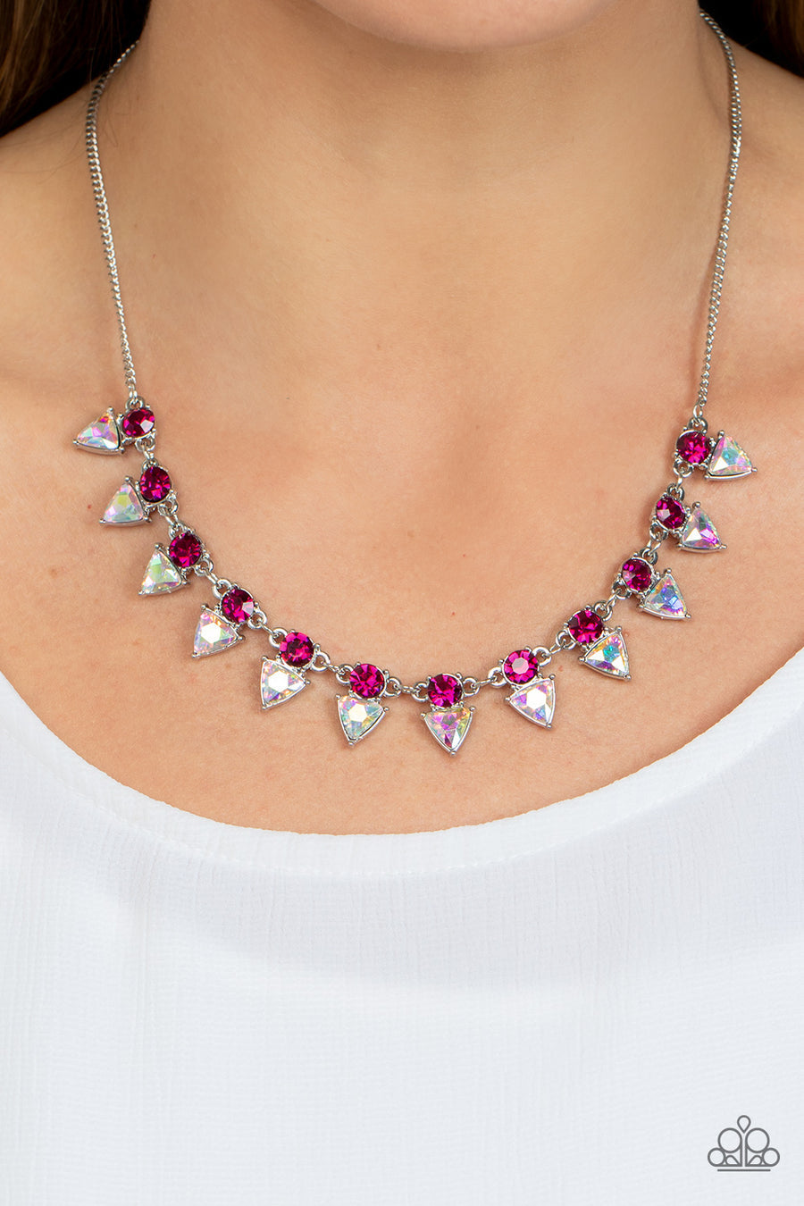 Razor-Sharp Refinement - Pink Iridescent and Silver Necklace - Paparazzi Accessories - Solitaire pink rhinestones sparkle atop iridescent prism-like gems below the collar, linking into a sharp-looking statement piece. Features an adjustable clasp closure.