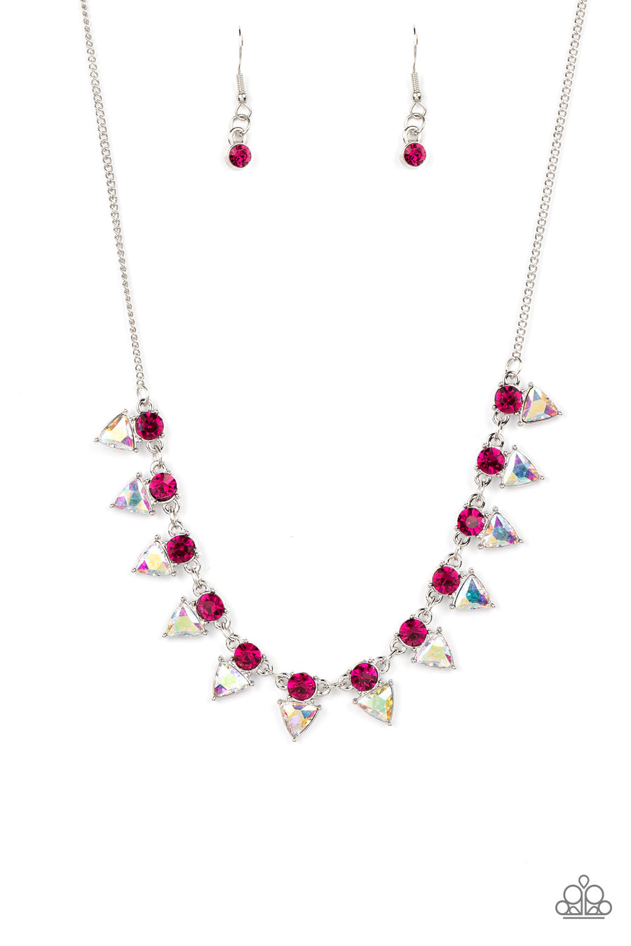 Razor-Sharp Refinement - Pink Iridescent and Silver Necklace - Paparazzi Accessories - Solitaire pink rhinestones sparkle atop iridescent prism-like gems below the collar, linking into a sharp-looking statement piece. Features an adjustable clasp closure.