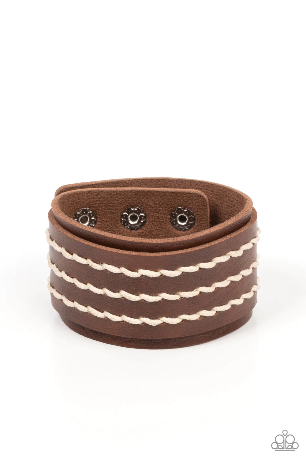 Real Ranchero - Brown Urban Leather Bracelet - Paparazzi Accessories - Three rows of white cording are laced down the center of a brown leather band that is studded in place across the front of a thick leather band, resulting in a rustic flair around the wrist. 
