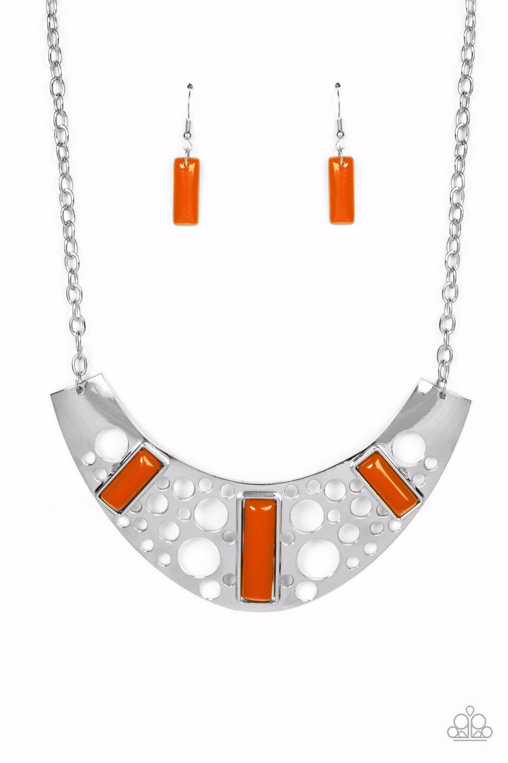 Real Zeal - Orange and Silver Necklace - Paparazzi Accessories - Dotted with vivacious Burnt Orange beaded accents, an oversized silver plate is stenciled in bubbly cutouts as it glistens below the collar for a dramatic fashion.