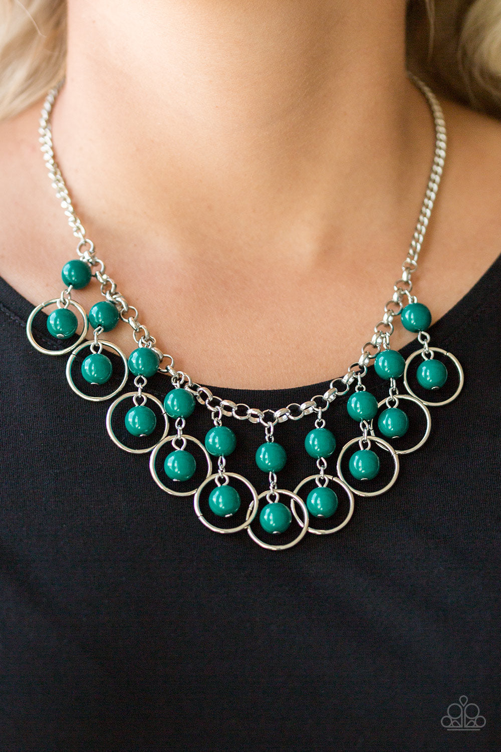 Really Rococo - Green and Silver Necklace - Paparazzi Accessories - Polished Arcadia beads and shimmery silver hoops drip from the bottom of a glistening silver chain, creating a playful fringe below the collar. Features an adjustable clasp closure. Sold as one individual necklace. 