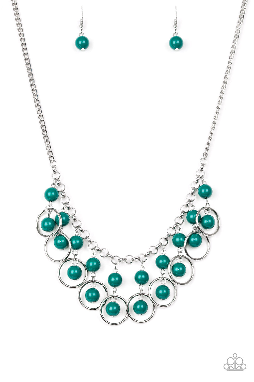 Really Rococo - Green and Silver Necklace - Paparazzi Accessories - Polished Arcadia beads and shimmery silver hoops drip from the bottom of a glistening silver chain, creating a playful fringe below the collar. Features an adjustable clasp closure. Sold as one individual necklace.