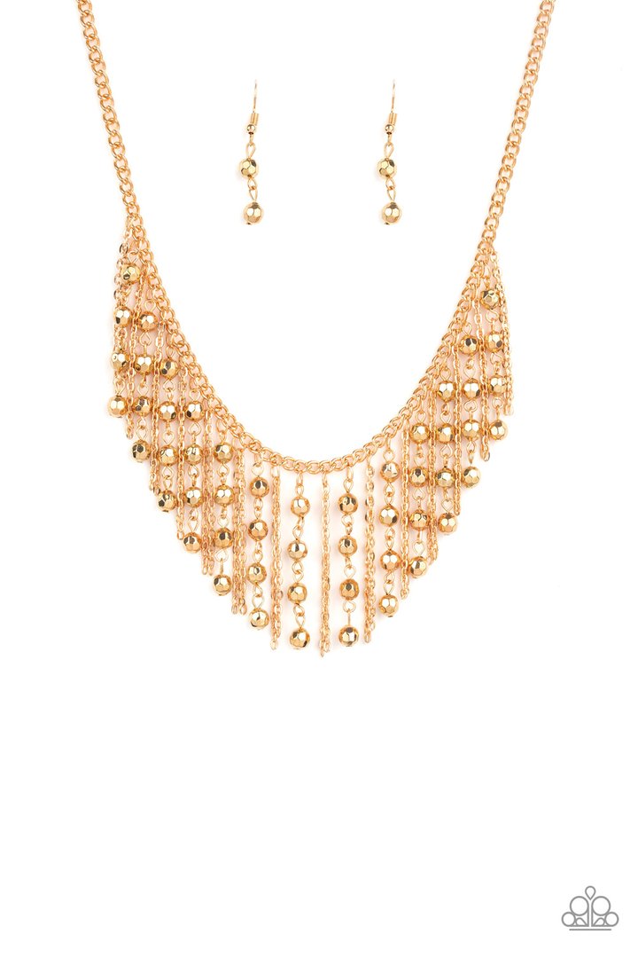 Rebel Remix - Gold Fashion Necklace - Paparazzi Accessories - Stands of faceted gold beads and glistening gold chains stream from a matching gold chain, creating an edgy fringe below the collar. Features an adjustable clasp closure necklace. Bejeweled Accessories By Kristie - Trendy fashion jewelry for everyone -