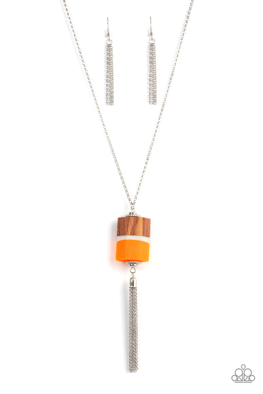 Reel It In - Orange and Silver Necklace - Paparazzi Accessories - Silver beaded accents, pieces of orange and brown wood and a white acrylic accent delicately stack into a faceted geometric pendant at the bottom of an extended silver chain. A shimmery silver chain tassel dances from the bottom of the earthy display, adding whimsical movement to the colorful piece. Features an adjustable clasp closure.