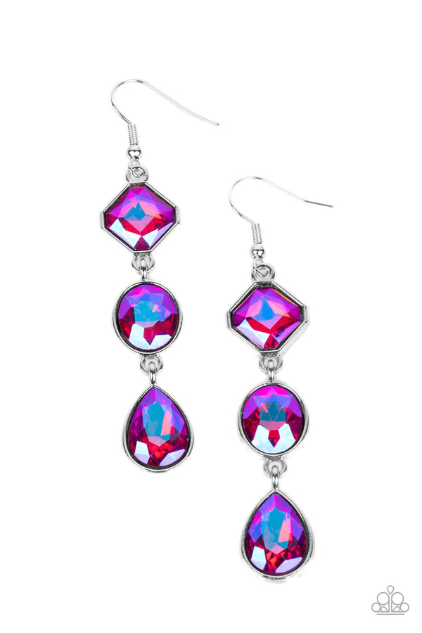 Reflective Rhinestones Pink and Silver Earrings - Paparazzi Accessories - Featuring a stellar UV finish, three iridescent pink rhinestones delicately link into a refined lure. Featuring teardrop, round, and emerald style cuts, the sparkly rhinestones are delicately encased in silver frames, adding a layer of sophisticated shimmer to the glamorous look. Earring attaches to a standard fishhook fitting. Sold as one pair of earrings.