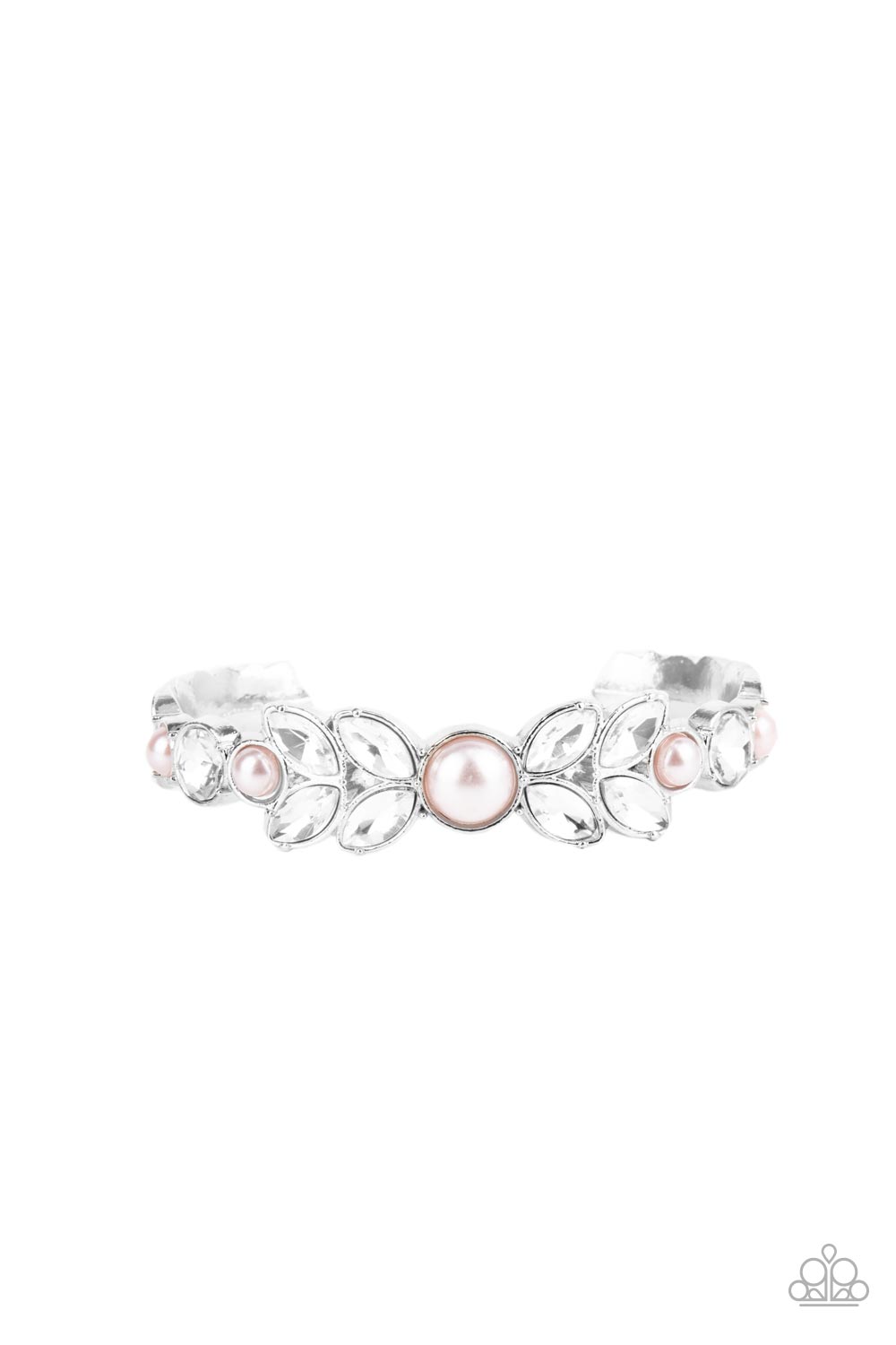 Regal Reminiscence - Pink Pearl - Silver Sparkly Rhinestone Cuff Bracelet - Paparazzi Accessories - Bubbly pink pearls, a collection of round and marquise style white rhinestones coalesce into a sparkly statement flanked by leafy silver frames that curve into a decorative cuff fashion bracelet.