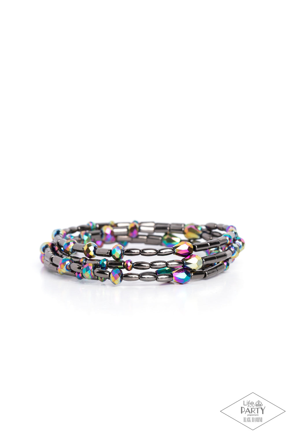 Regal Remix - Oil Spill Multi Bracelet - Paparazzi Accessories - Varying in size and shape, oil spill gem beads and glistening gunmetal beads are threaded along a coiled wire, creating a regal infinity wrap style bracelet around the wrist. Due to its prismatic palette, color may vary. Sold as one individual bracelet.