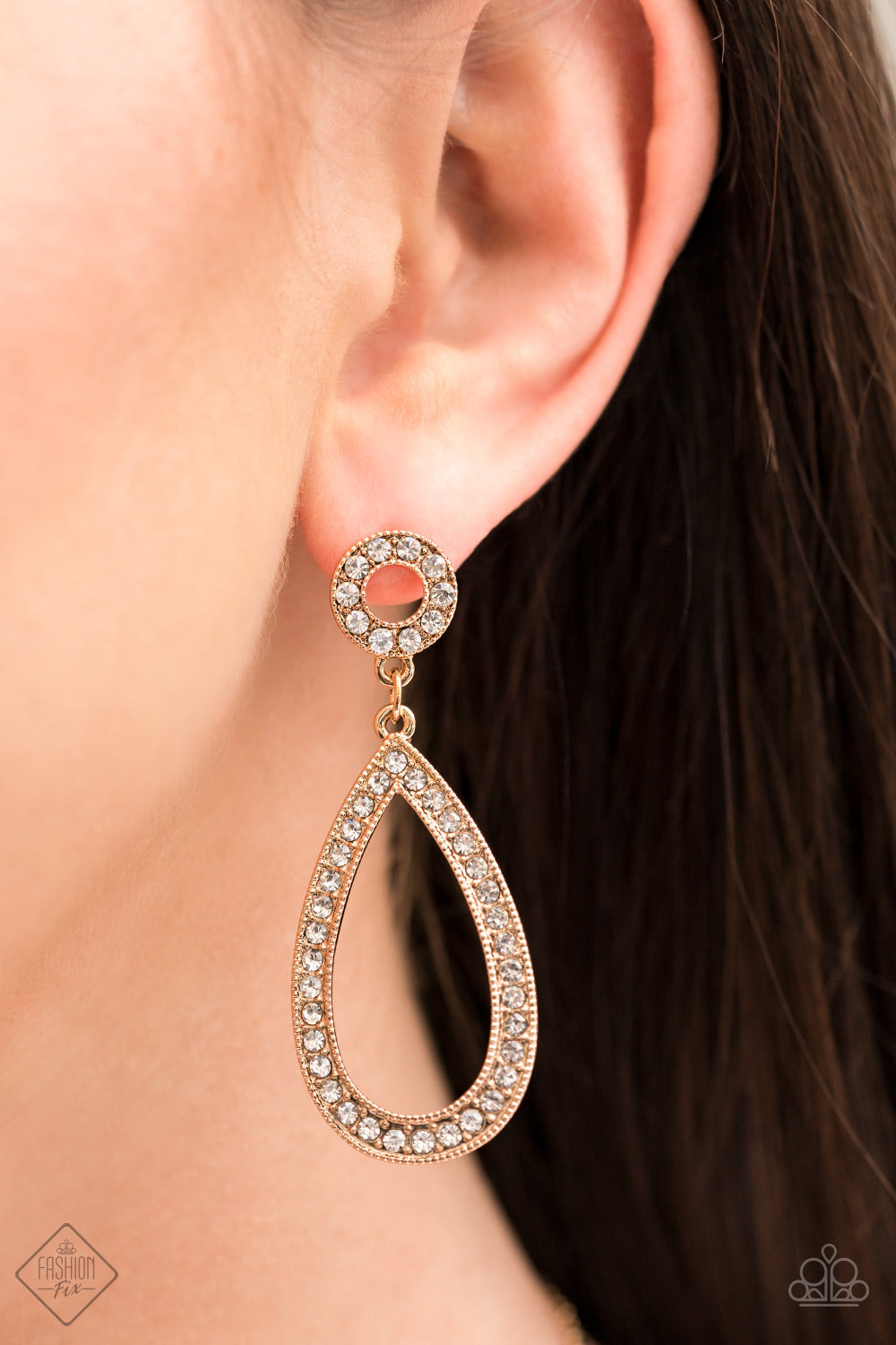 Regal Revival - Gold Earrings - Paparazzi Accessories - Alluring oversized teardrop frames are encrusted with countless brilliant white rhinestones. A smaller circle frame filled with the same shimmering white rhinestones gently anchors and balances the flirtatious look. Earring attaches to a standard post fitting. Sold as one pair of post earrings. Bejeweled Accessories By Kristie - Trendy fashion jewelry for everyone -