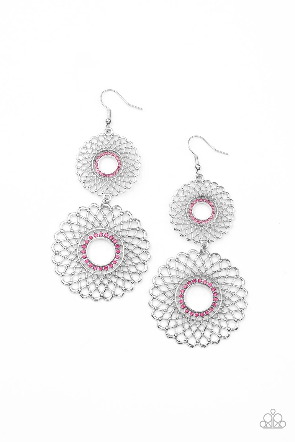 Regal Roulette - Pink - Silver Floral Earrings - Paparazzi Accessories - two dizzying silver floral medallions. Rings of dainty pink rhinestones adorn the center, adding a dash of dazzle. Earring attaches to a standard fishhook fitting. Sold as one pair of earrings.