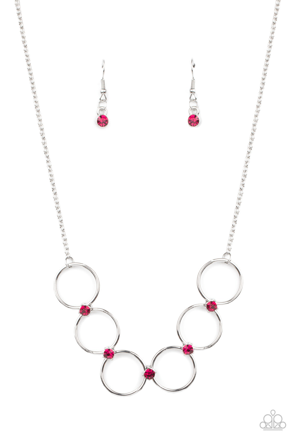Regal Society - Pink and Silver Fashion Necklace - Paparazzi Accessories - Glittery pink rhinestones link a dainty row of silver rings below the collar, creating a regal minimalist inspired display. Features an adjustable clasp closure. Sold as one individual necklace.
