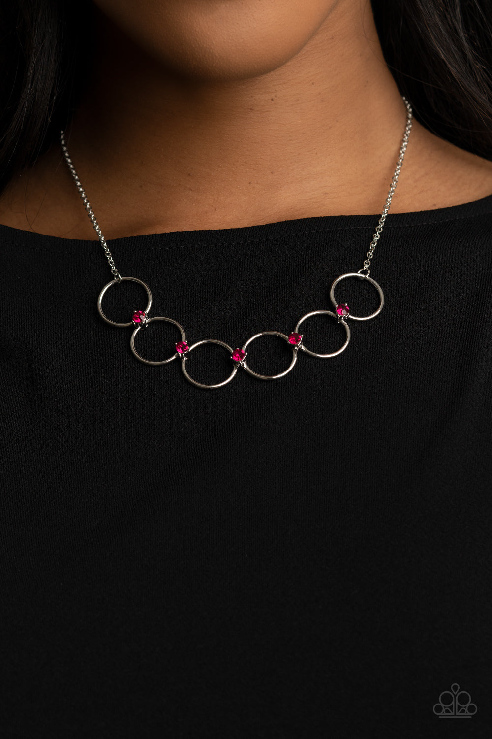 Regal Society - Pink and Silver Necklace - Paparazzi Accessories - Glittery pink rhinestones link a dainty row of silver rings below the collar, creating a regal minimalist inspired display. Features an adjustable clasp closure. Sold as one individual necklace.