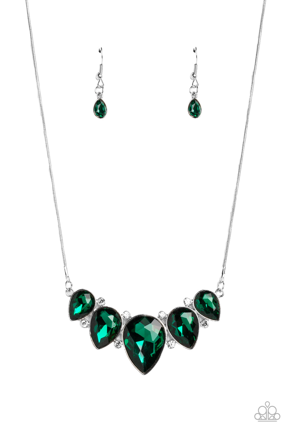 Regally Refined - Green and Silver Necklace - Paparazzi Accessories - A dramatic emerald shade, a collection of teardrop gems hanging from a sleek, silver snake chain, are pressed into high-sheen silver casings, creating a colorful fringe below the collar. Linking each teardrop together, dainty white rhinestones border the tops and bottoms of each shape, creating additional eye-catching dazzle.