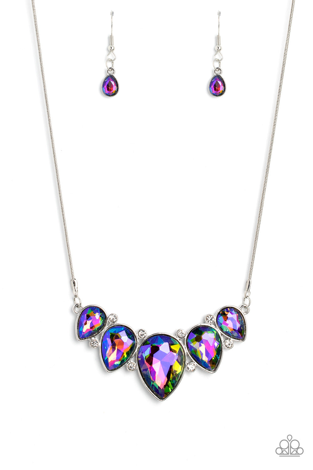 Regally Refined - Multi Color Teardrop Necklace - Paparazzi Accessories - Featuring a stellar UV shimmer, dramatic teardrop gems, gliding from a sleek, silver snake chain, are pressed into high-sheen silver casings, creating a colorful fringe below the collar. Linking each teardrop together, dainty white rhinestones border the tops and bottoms of each shape, creating additional eye-catching dazzle.
