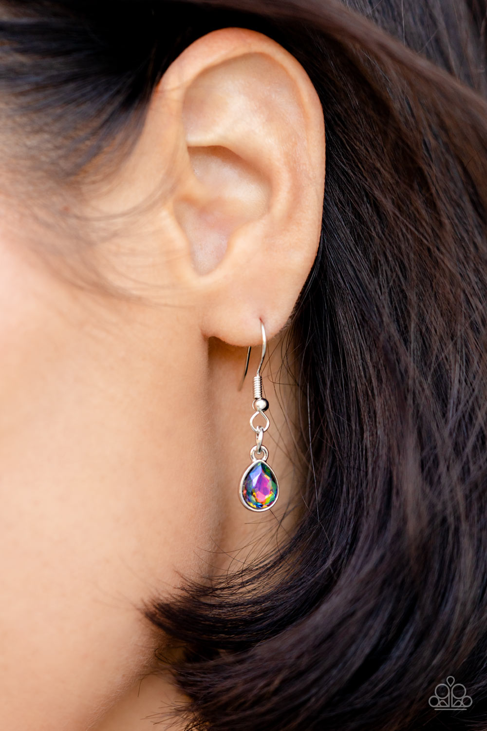 Regally Refined - Multi Color Teardrop Necklace - Paparazzi Accessories - Featuring a stellar UV shimmer, dramatic teardrop gems, gliding from a sleek, silver snake chain, are pressed into high-sheen silver casings, creating a colorful fringe below the collar. Linking each teardrop together, dainty white rhinestones border the tops and bottoms of each shape, creating additional eye-catching dazzle.