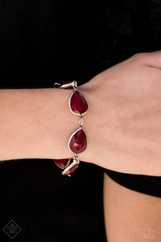REIGNy Days - Red and Silver Bracelet - Paparazzi Accessories - Encased in sleek silver frames, faceted Wine acrylic teardrops delicately link around the wrist for an elegant pop of color. Features an adjustable clasp closure. Sold as one individual bracelet.