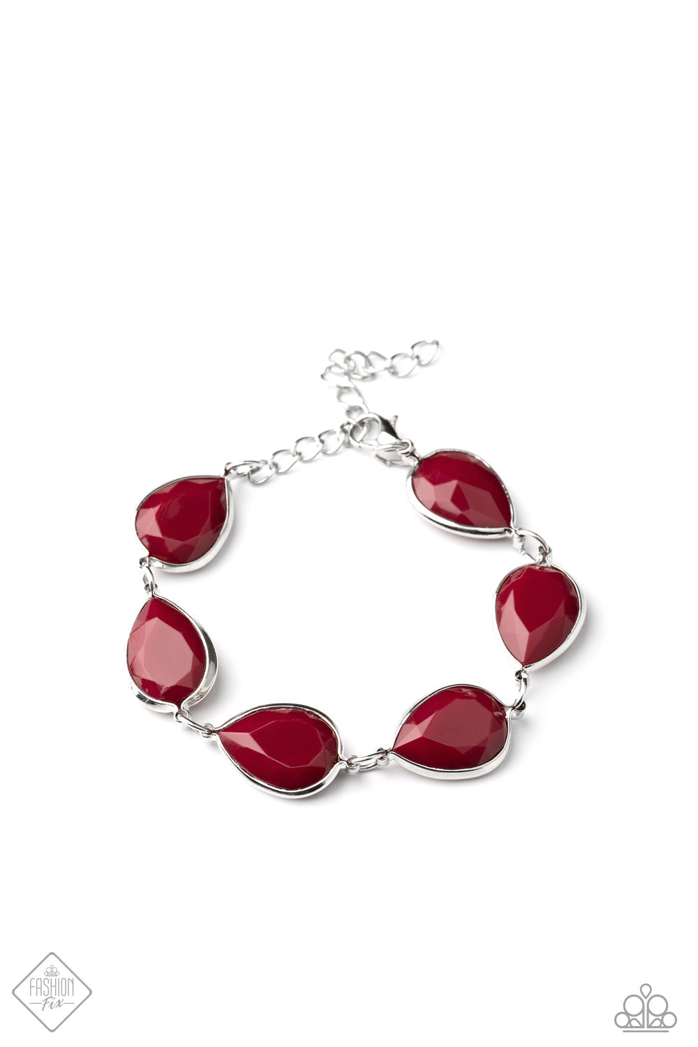 REIGNy Days - Red and Silver Bracelet - Paparazzi Accessories -  Encased in sleek silver frames, faceted Wine acrylic teardrops delicately link around the wrist for an elegant pop of color. Features an adjustable clasp closure.