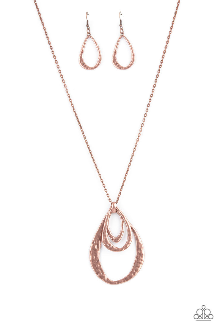 Relic Renaissance - Copper Necklace - Paparazzi Accessories - Hammered in a rustic finish, an oversized collection of asymmetrical copper teardrops layer at the bottom of a lengthened copper chain for an artisan inspired look. Features an adjustable clasp closure.