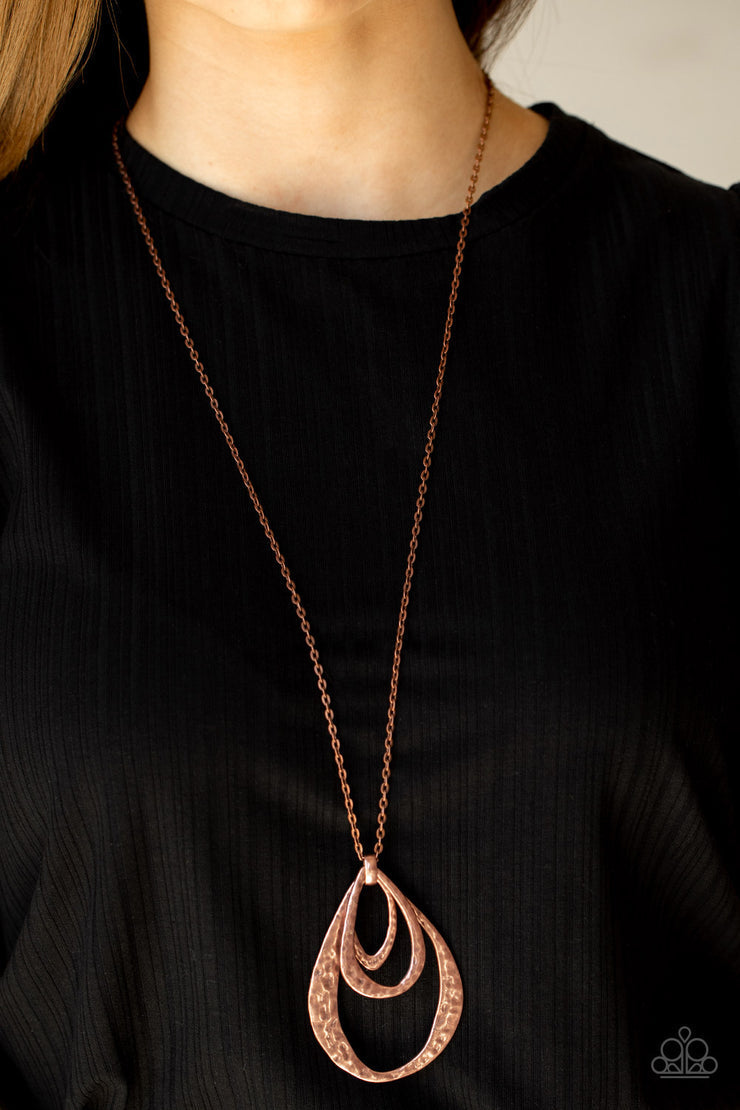 Relic Renaissance - Copper Necklace - Paparazzi Accessories - Hammered in a rustic finish, an oversized collection of asymmetrical copper teardrops layer at the bottom of a lengthened copper chain for an artisan inspired look. Features an adjustable clasp closure necklace.