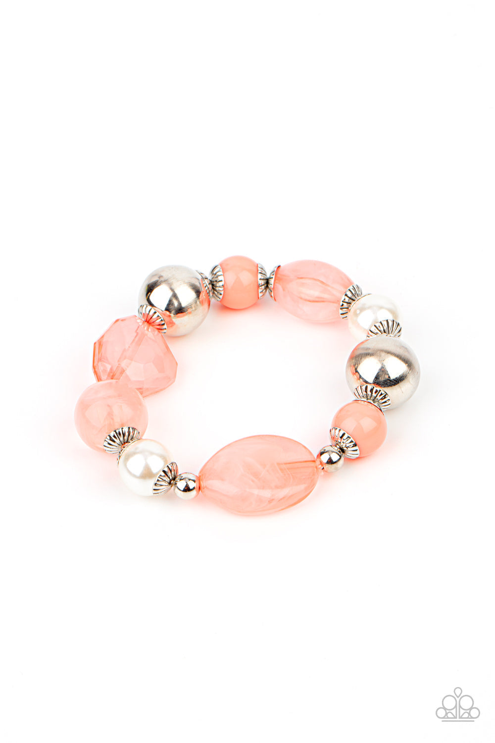 Resort Ritz - Coral Orange - Pearl Silver Bracelet - Paparazzi Accessories - Assortment of white pearls, silver accents, and glassy and acrylic coral beads are threaded along a stretchy band around the wrist for a refreshing colorful bracelet.
