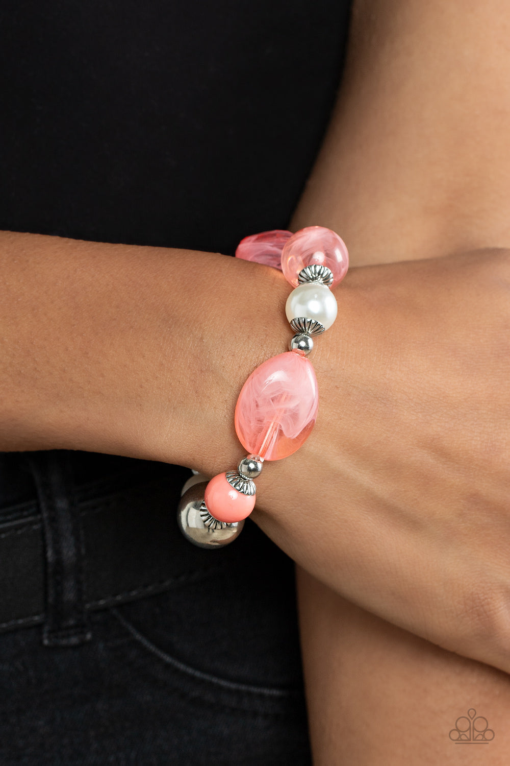 Resort Ritz - Coral Orange - Pearl Silver Bracelet - Paparazzi Accessories - Assortment of white pearls, silver accents, and glassy and acrylic coral beads are threaded along a stretchy band around the wrist for a refreshing colorful bracelet.