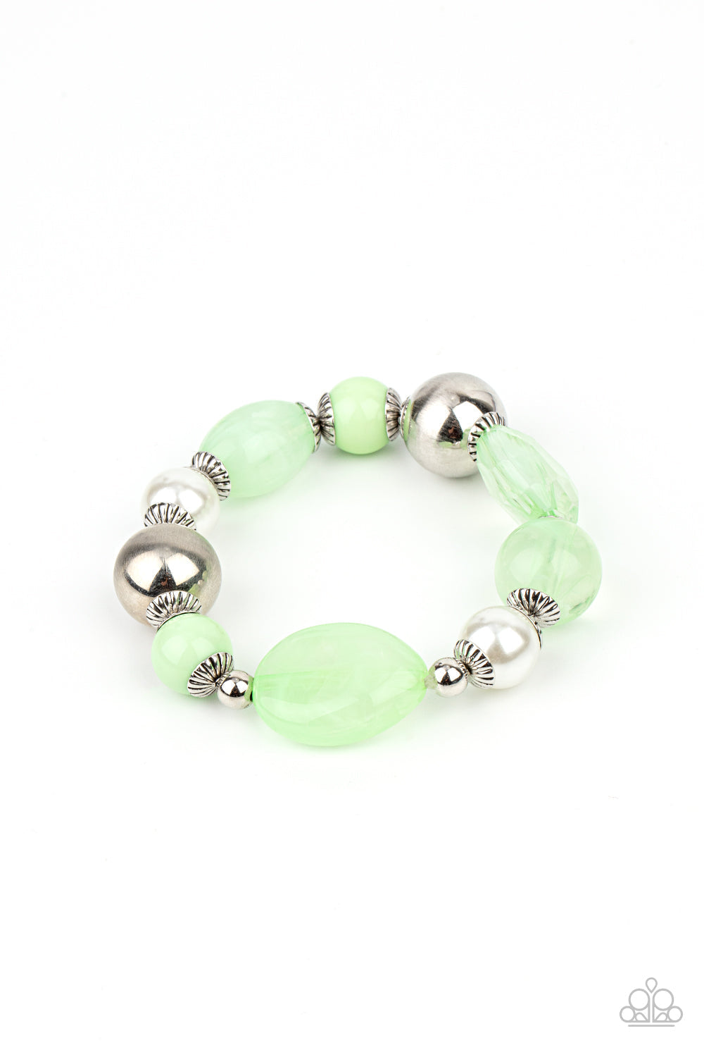 Resort Ritz - Green Bead - White Pearl Stretchy Bracelet - Paparazzi Accessories - Bejeweled Accessories By Kristie - A lavish assortment of white pearls, silver accents, and glassy and acrylic Green Ash beads are threaded along a stretchy band around the wrist for a refreshing pop of color fashion bracelet.
