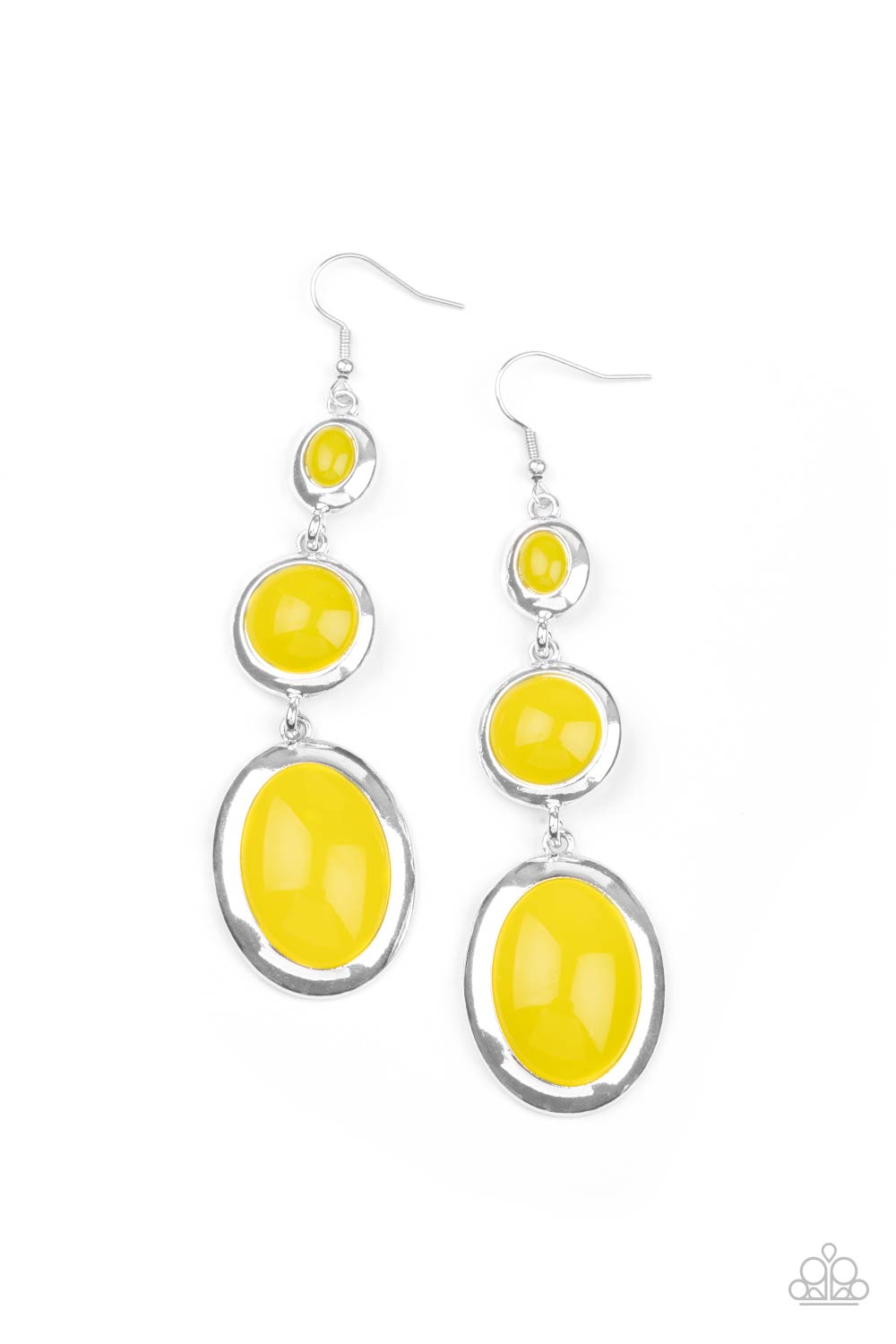 Retro Reality - Yellow and Silver Fashion Earrings - Paparazzi Jewelry - Bejeweled Accessories By Kristie - Mismatched glassy yellow beads in sleek silver frames that whimsically link into a colorfully retro lure. Fashion earrings attach to standard fishhook fittings.