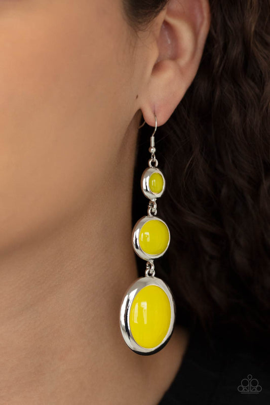 Retro Reality - Yellow and Silver Fashion Earrings - Paparazzi Jewelry - Bejeweled Accessories By Kristie - Mismatched glassy yellow beads in sleek silver frames that whimsically link into a colorfully retro lure. Fashion earrings attach to standard fishhook fittings.