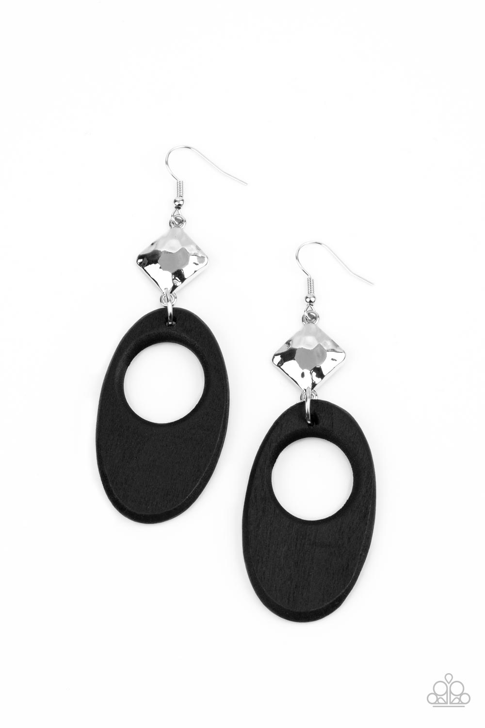 Retro Reveal - Black Wood - Silver Earrings - Paparazzi Accessories - Black wooden oval frame swings from the bottom of a hammered silver frame, creating a retro lure. Earring attaches to a standard fishhook fitting.