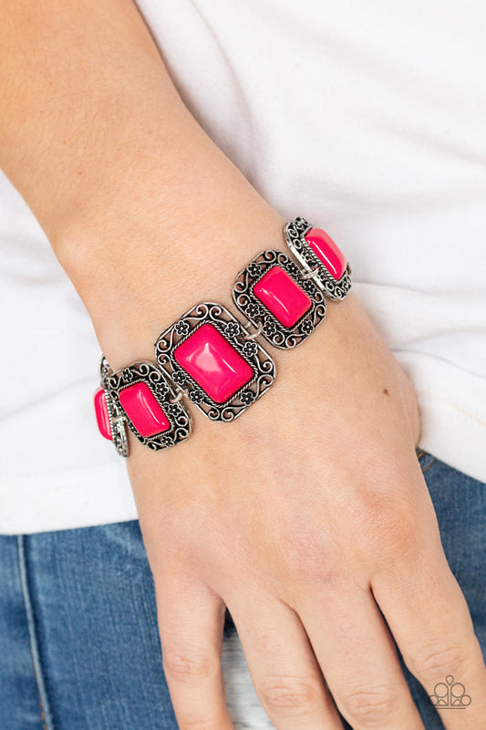 Retro Rodeo - Pink and Silver - Floral Filigree Bracelet - Paparazzi Accessories - A flirty collection of pink rectangular beads are bordered by rustic floral filigree filled frames as they delicately link around the wrist for a whimsical flair. Features an adjustable clasp closure. Sold as one individual bracelet.