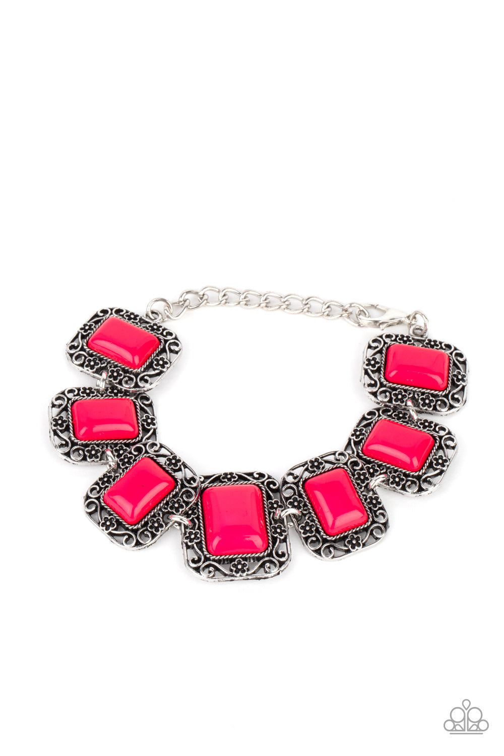 Retro Rodeo - Pink and Silver - Floral Filigree Bracelet - Paparazzi Accessories - A flirty collection of pink rectangular beads are bordered by rustic floral filigree filled frames as they delicately link around the wrist for a whimsical flair. Features an adjustable clasp closure. Sold as one individual bracelet.
