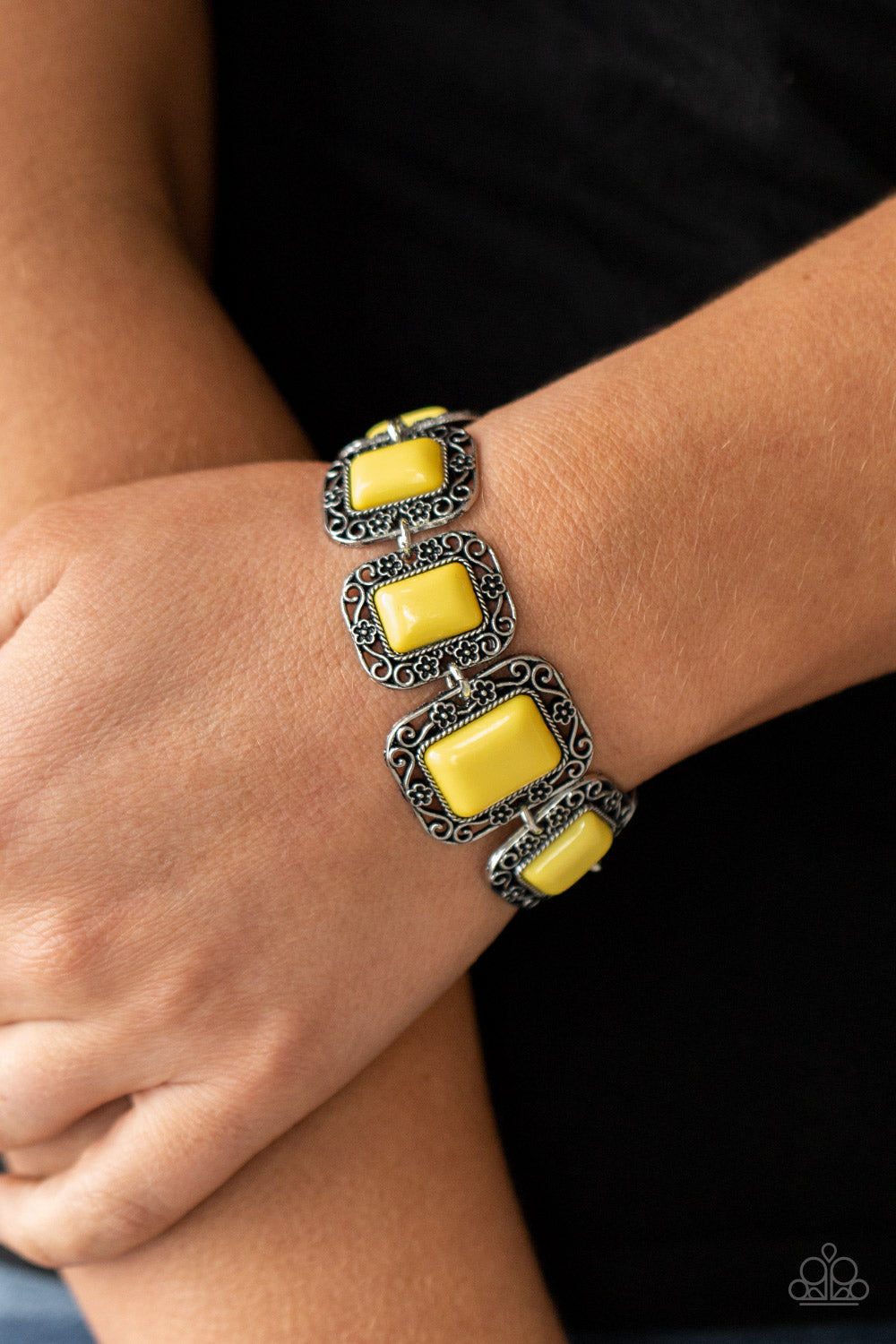 Retro Rodeo - Yellow and Silver Bracelet - Paparazzi Accessories Adjustable Clasp Bracelet Bejeweled Accessories By Kristie Featuring Paparazzi Jewelry  - Trendy fashion jewelry for everyone -