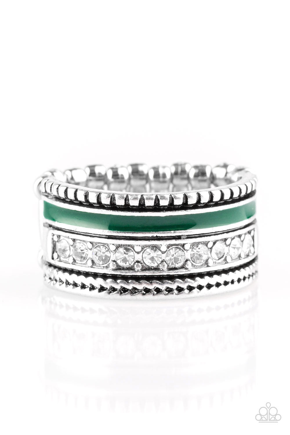 Rich Rogue - Green and Silver Ring - Paparazzi Jewelry - Bejeweled Accessories By Kristie - Tinted in the rich shade of Quetzal Green, a strip of color runs along the bottom of a row of glassy white rhinestones. Infused with silver textures, the mismatched details coalesce into one thick band across the finger. Features a stretchy band for a flexible fit. Sold as one individual ring.