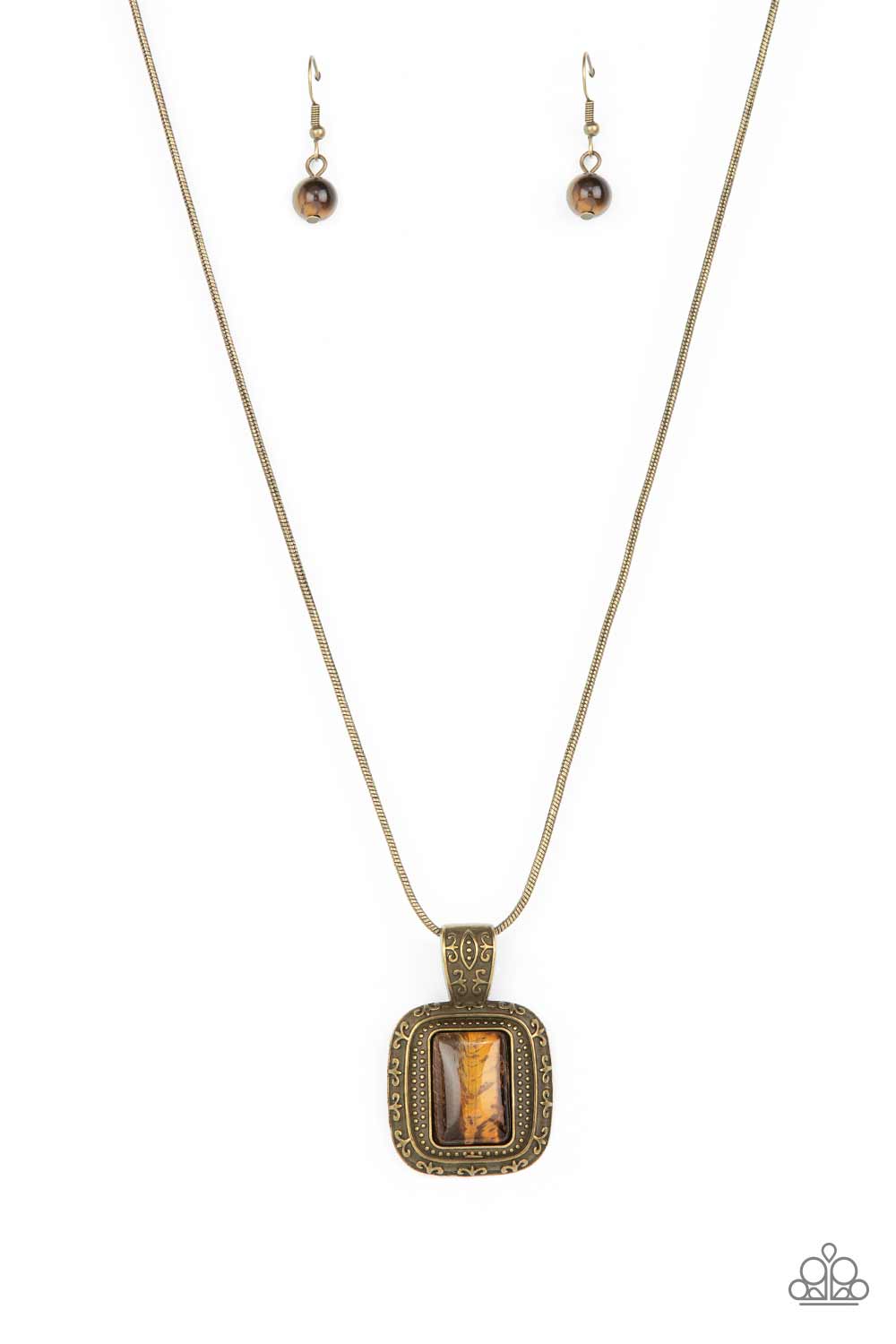 Right Hand TALISMAN - Brass Tiger Eye Necklace - Paparazzi Accessories - A rectangular tiger's eye stone is pressed into the center of a studded brass frame bordered in decorative filigree at the bottom of a rounded brass snake chain, creating a mystical talisman below the collar.