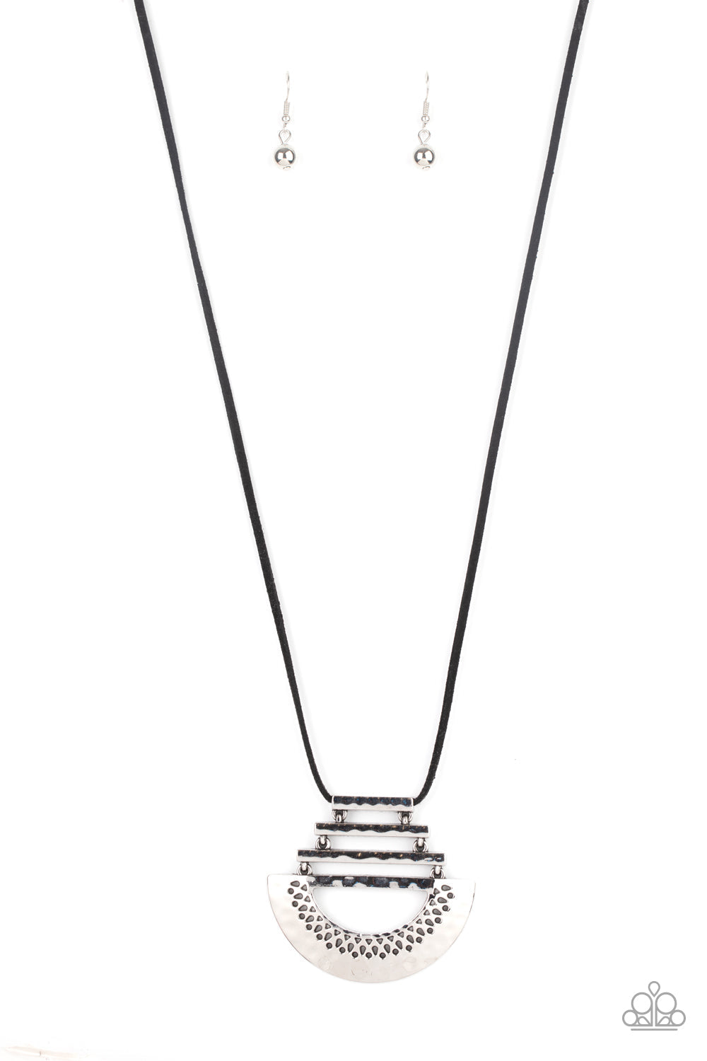 Rise and SHRINE - Black and Silver Necklace - Paparazzi Accessories - A hammered crescent plate attaches to three hammered rectangular frames that link into a bold silver pendant at the bottom of an earthy strand of black suede. Features an adjustable clasp closure stylish necklace.