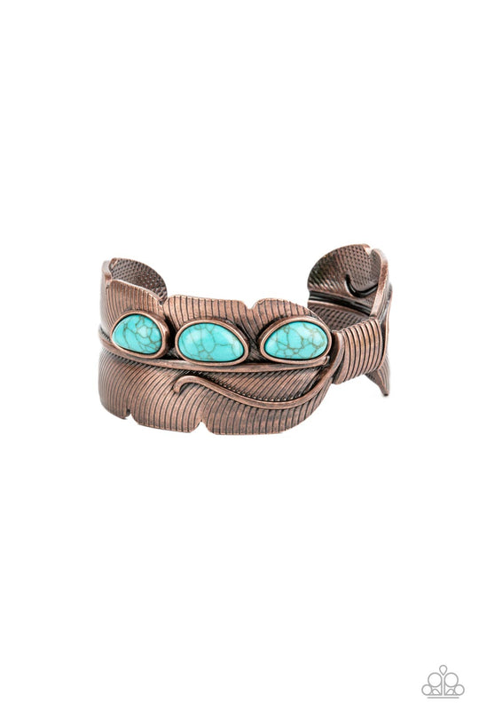 River Bend Relic - Turquoise and Copper Cuff Bracelet - Paparazzi Accessories - A trio of asymmetrical turquoise stones embellishes the front of a lifelike textured copper feather that curls around the wrist, creating an authentic southwestern cuff. Sold as one individual bracelet.